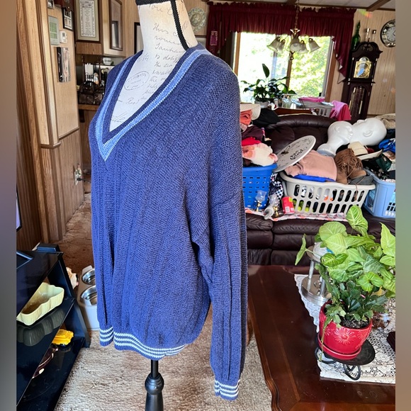 Vintage 1991 Jantzen Knit Navy Blue striped Mens Made In USA Pullover Cardigan. - Picture 12 of 16